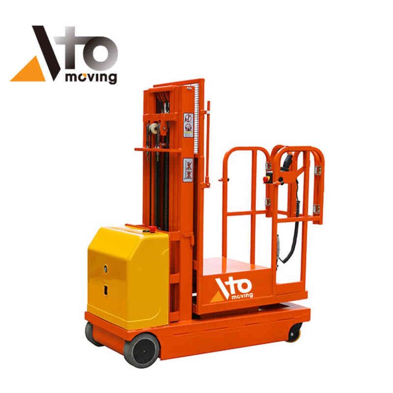 Warehouse order picker with bright orange vertical lifting platform and yellow base, designed for safely picking materials from different heights in a warehouse