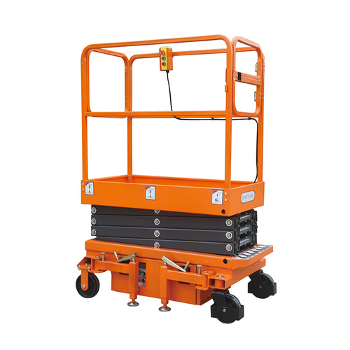 Orange aerial platform with safety guardrails and control box, designed for safe elevation of workers for maintenance or inventory tasks