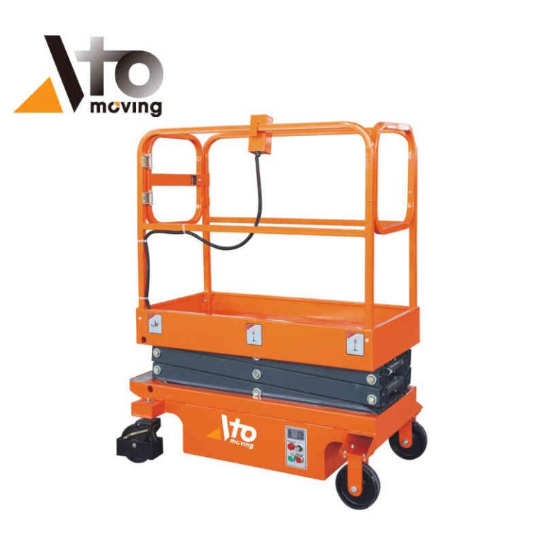 Compact orange aerial work platform with safety guardrails and base control panel, designed for safe elevation in maintenance and stock picking tasks.