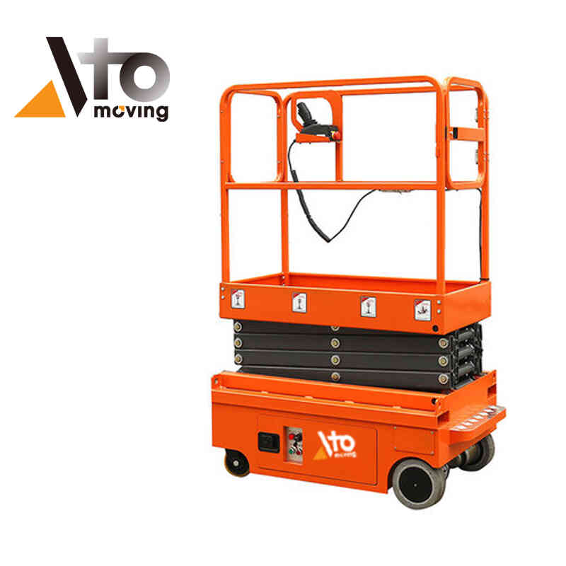 Extended scissor lift aerial platform in bright orange, equipped with safety guardrails for secure operation at elevated heights