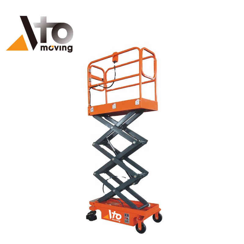 Compact orange aerial work platform with safety guardrails and base control panel, designed for safe elevation in maintenance and stock picking tasks.