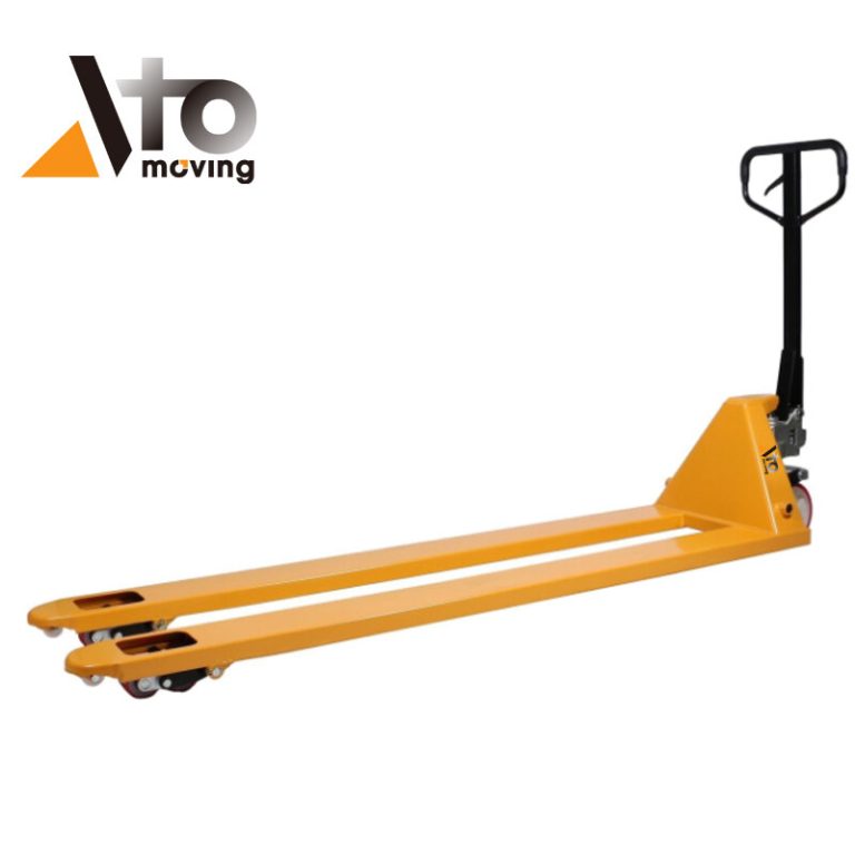 Bright yellow long pallet truck with a sturdy black handle and extended forks, ideal for handling oversized or multiple pallets simultaneously