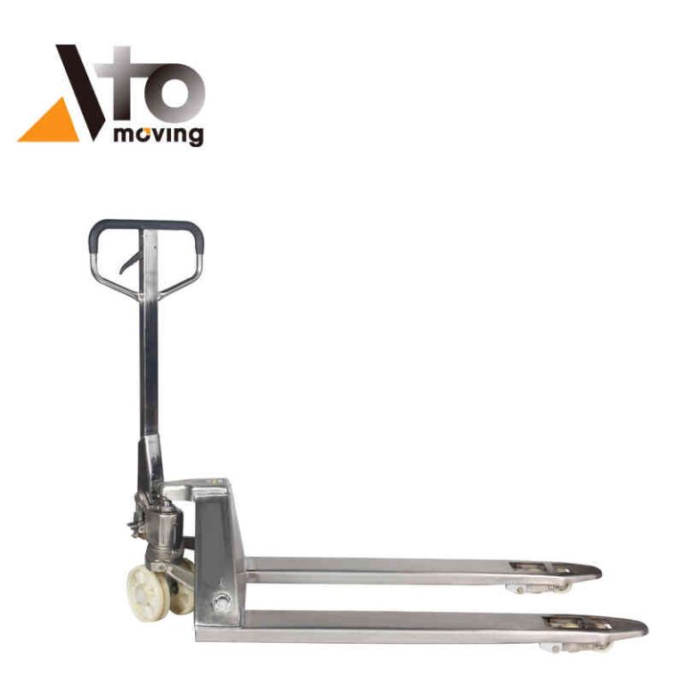 Durable stainless steel pallet jack with a polished finish and ergonomic handle, equipped with a hydraulic lift and smooth-rolling wheels for efficient material handling in sanitary environments.