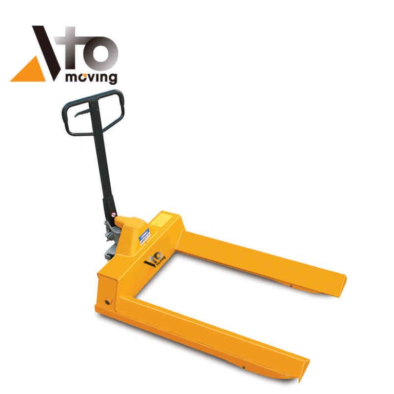 Bright yellow hydraulic pallet truck with a black handle for manual lifting and moving of pallets, essential for warehouse logistics.