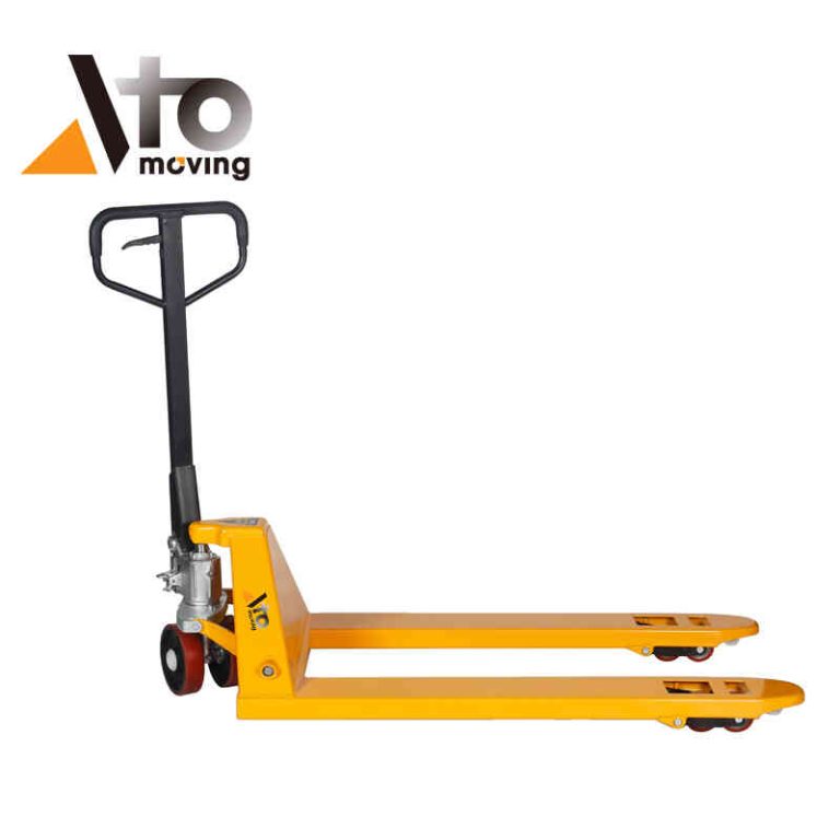 Bright yellow manual pallet jack with a black handle for lifting and transporting pallets in commercial and industrial settings.