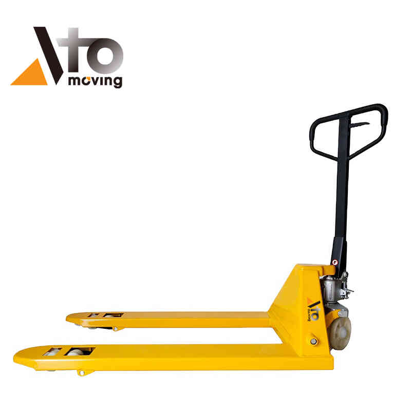 Bright yellow manual pallet jack with a black handle for lifting and transporting pallets in commercial and industrial settings.