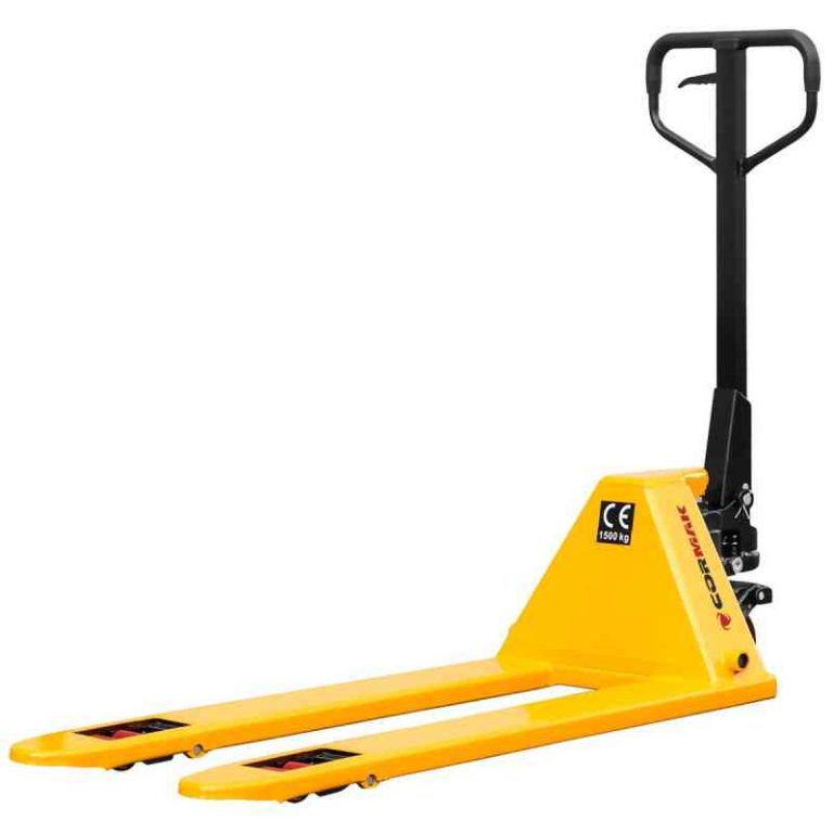 Yellow low profile pallet jack with black handle, designed for handling pallets with low ground clearance, featuring red and black wheels.