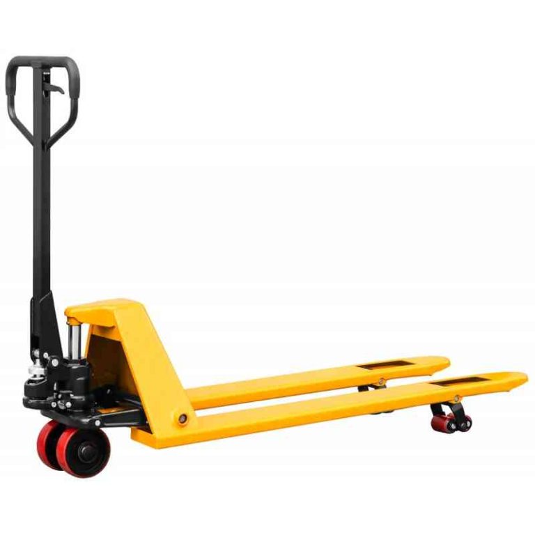 Yellow low profile pallet jack with black handle, designed for handling pallets with low ground clearance, featuring red and black wheels.