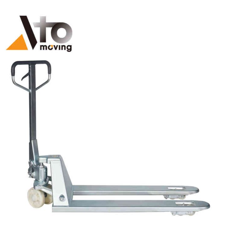 A manual pallet lifter with a hand-operated hydraulic pump, two extended forks, and control handles, mounted on wheels for easy maneuvering in a warehouse setting