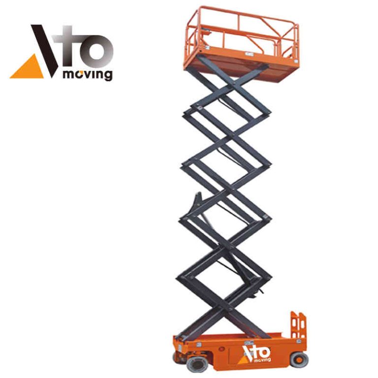 Extended orange scissor platform with a high reach capability for elevated work, featuring a sturdy black scissor mechanism and mobile base.