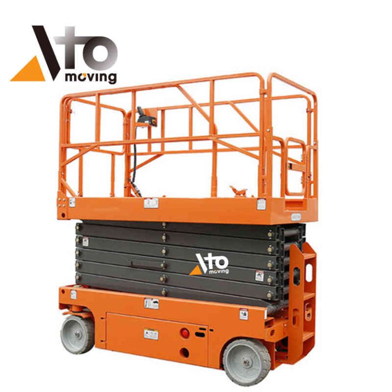 An orange scissor platform lift with a spacious work platform and sturdy guardrails, capable of reaching variable heights for industrial tasks