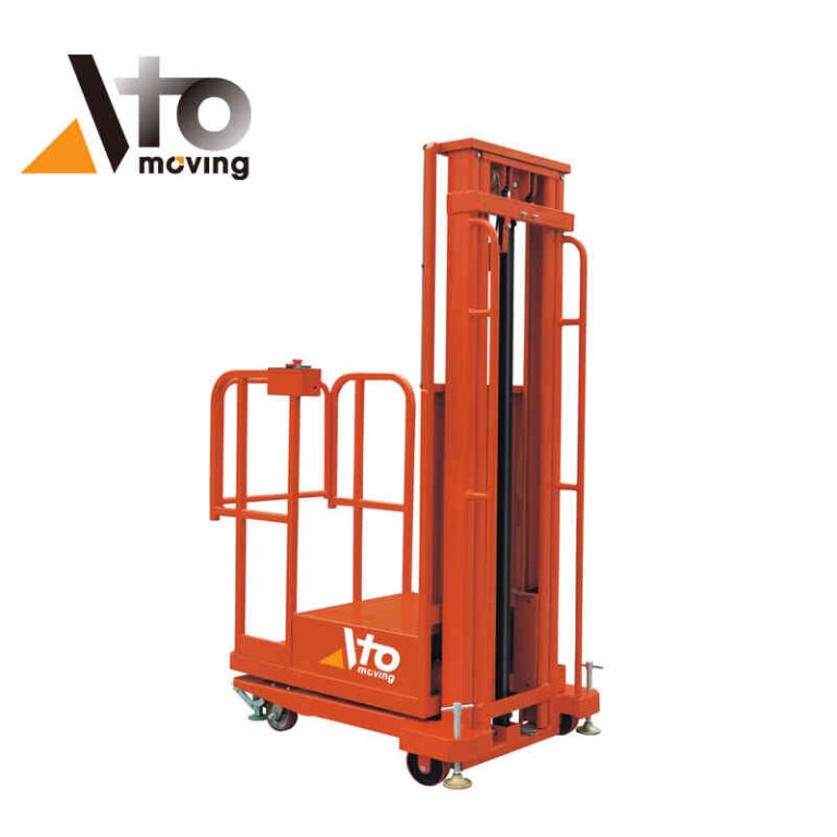 An orange semi-electric order picker with a vertically extending mast, designed for efficient material handling and order picking in a warehouse