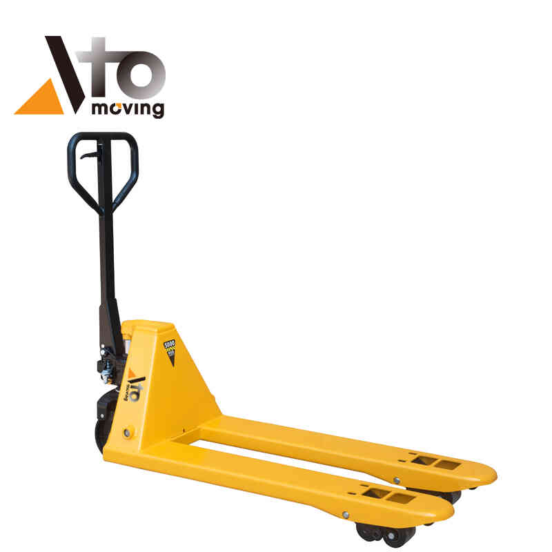 Bright yellow walkie pallet truck with a black steering handle, designed for manually transporting pallets in warehouses and storage facilities