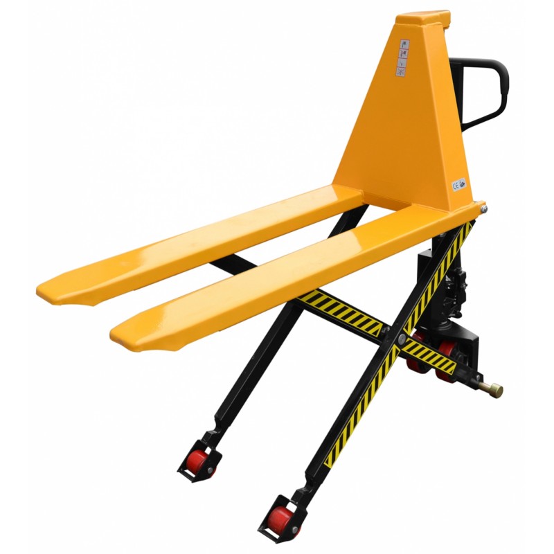 Manual scissor high lift pallet truck with yellow forks and black scissor lift mechanism, designed for lifting and transporting pallets at ergonomic working heights.