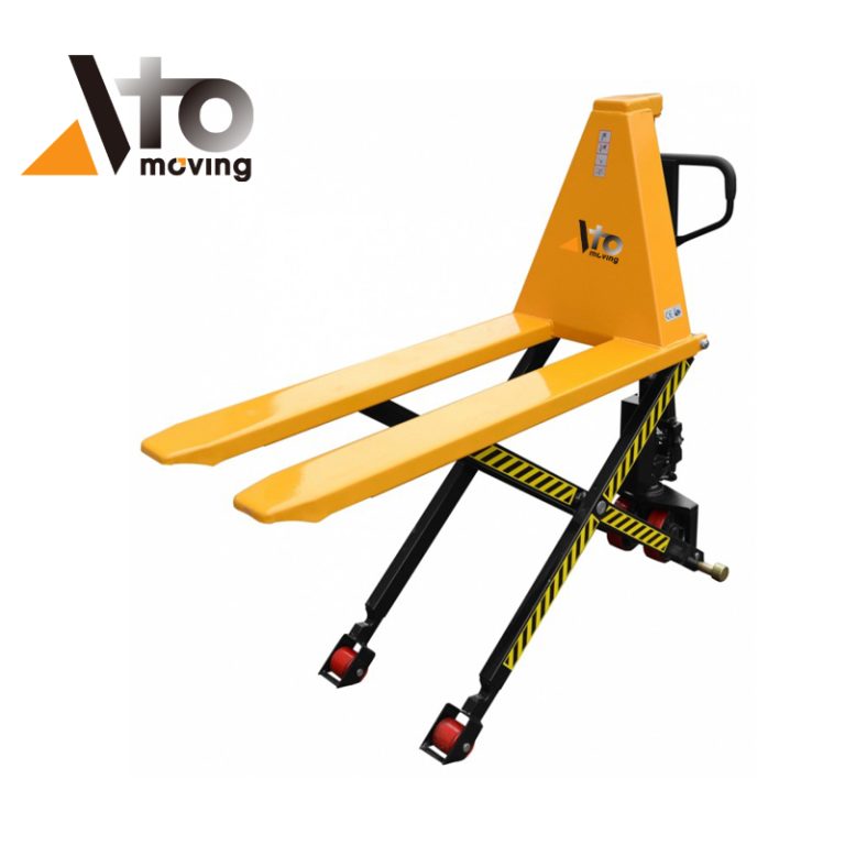 Heavy-duty manual high lift pallet truck featuring a scissor lift design, yellow fork arms, and safety-marked black lifting legs for ergonomic material handling.