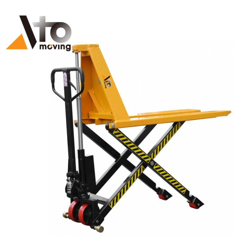 Manual scissor lift pallet jack with yellow steel forks and black hydraulic lifting mechanism, used for elevating pallets to a comfortable working height.