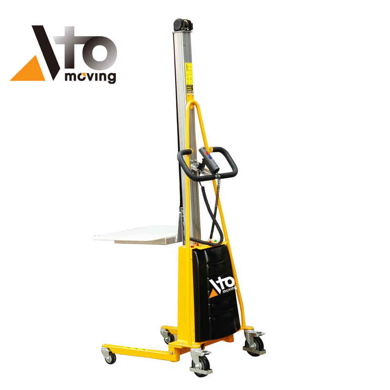 Compact light duty electric stacker with ergonomic handle, lifting platform, and wheeled base for easy maneuverability