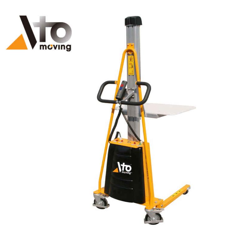 Yellow electric stacker with lightweight frame, motorized lifting platform, and user-friendly control panel for precise vertical movement
