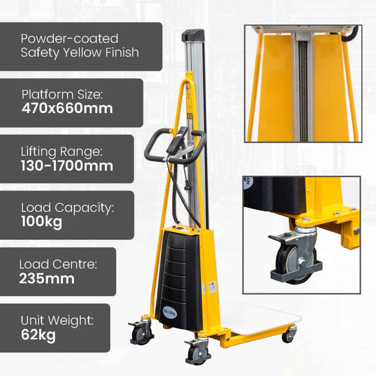 Light duty electric lifting stacker with push-button control, designed for compact spaces and efficient material handling in light industrial tasks