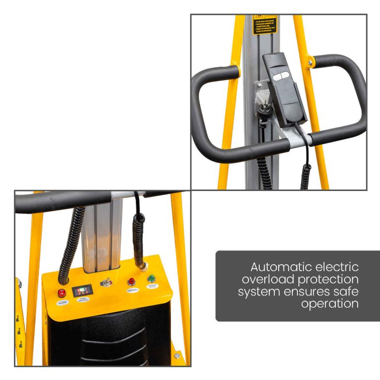 Yellow light duty electric stacker with a tall vertical mast and small platform, designed for easy lifting and transport in tight spaces