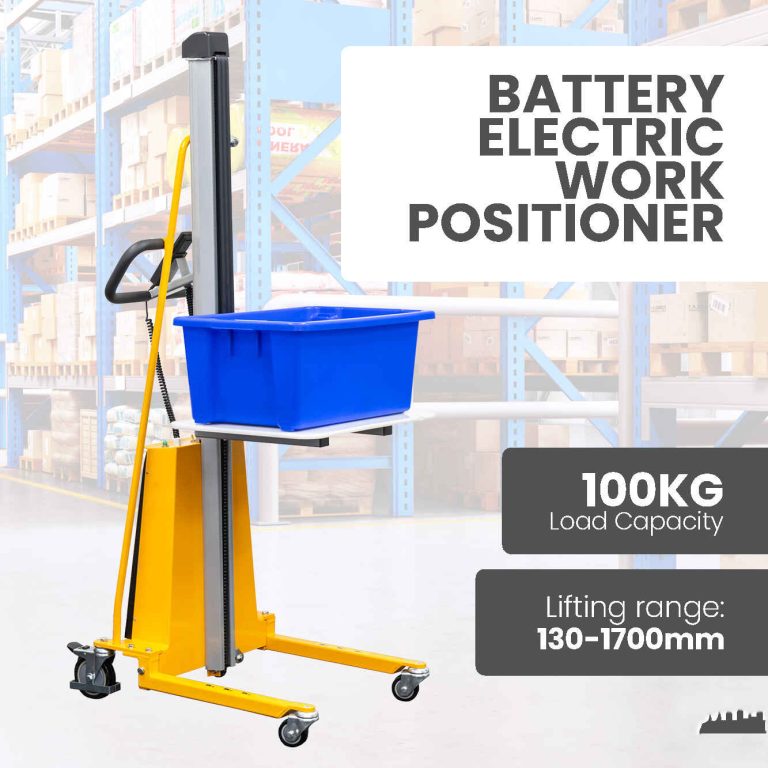 Yellow manual pallet stacker featuring reel rotator and double spindle attachment