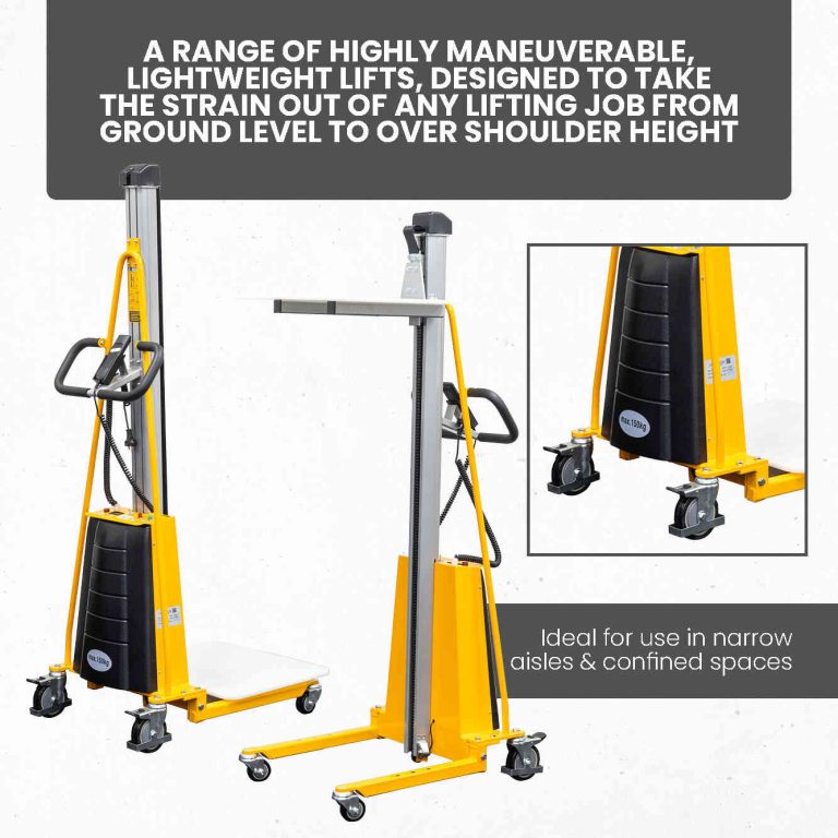 Manual pallet stacker designed for easy reel rotation and safe material transport