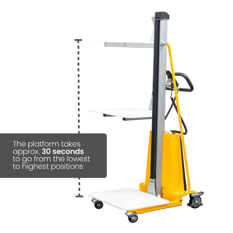 Manual pallet stacker for warehouses, shown with V block and double spindle features