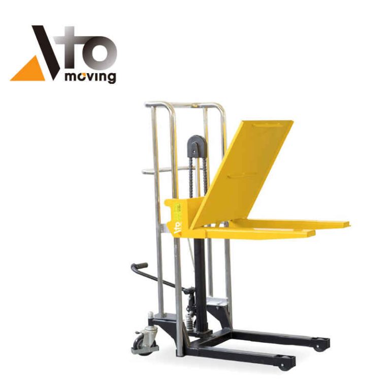 Yellow manual pallet stacker with hydraulic platform and 400kg load limit for easy lifting