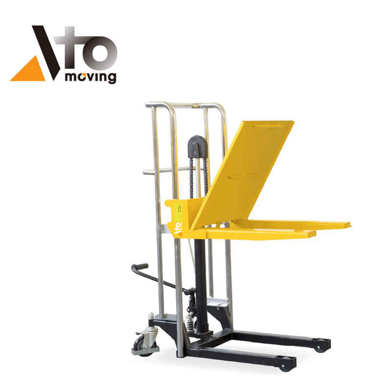 Yellow manual pallet stacker with hydraulic platform and 400kg load limit for easy lifting