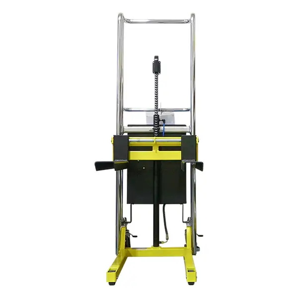 Battery-powered stacker with forks, 400kg capacity, and 1500mm lift for warehouse operations