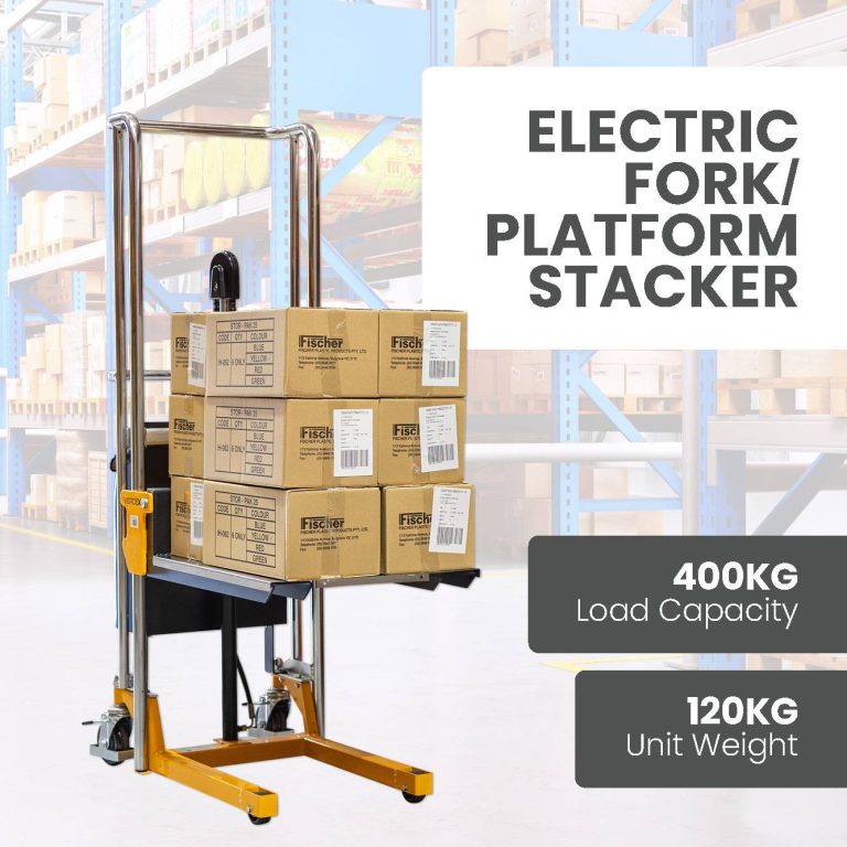 Compact electric platform stacker with flat platform and 400kg load capacity for versatile operations