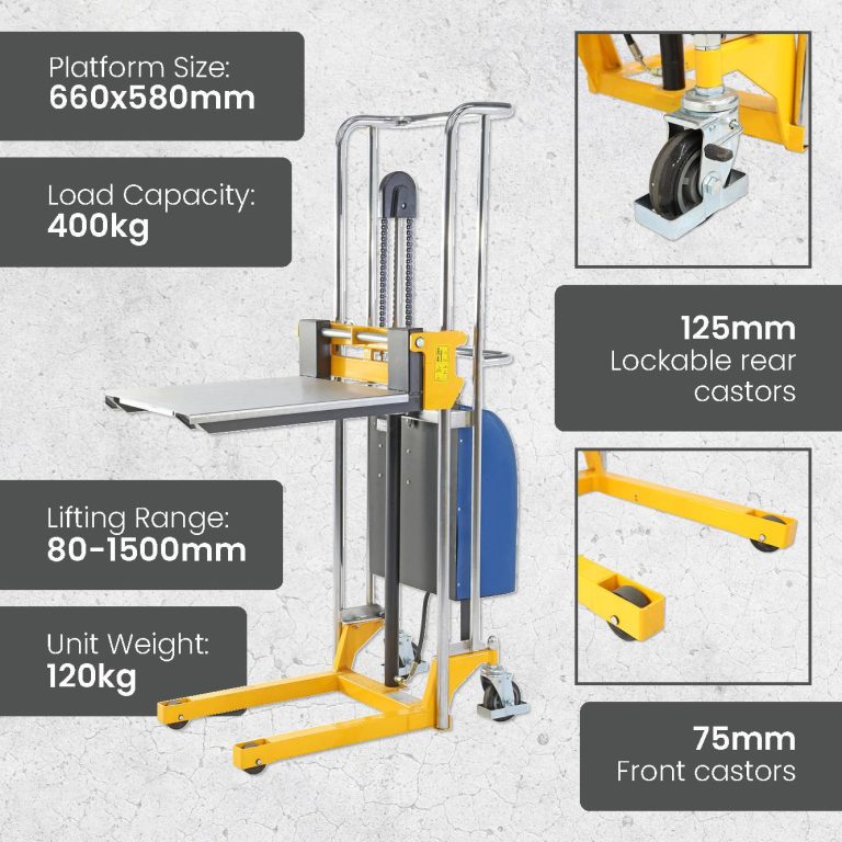 400kg electric platform stacker for efficient lifting and stacking in warehouses