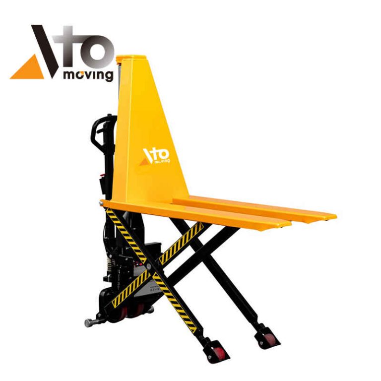 High lift pallet truck with single piston mechanism, featuring yellow forks and a black scissor lift frame for ergonomic material handling