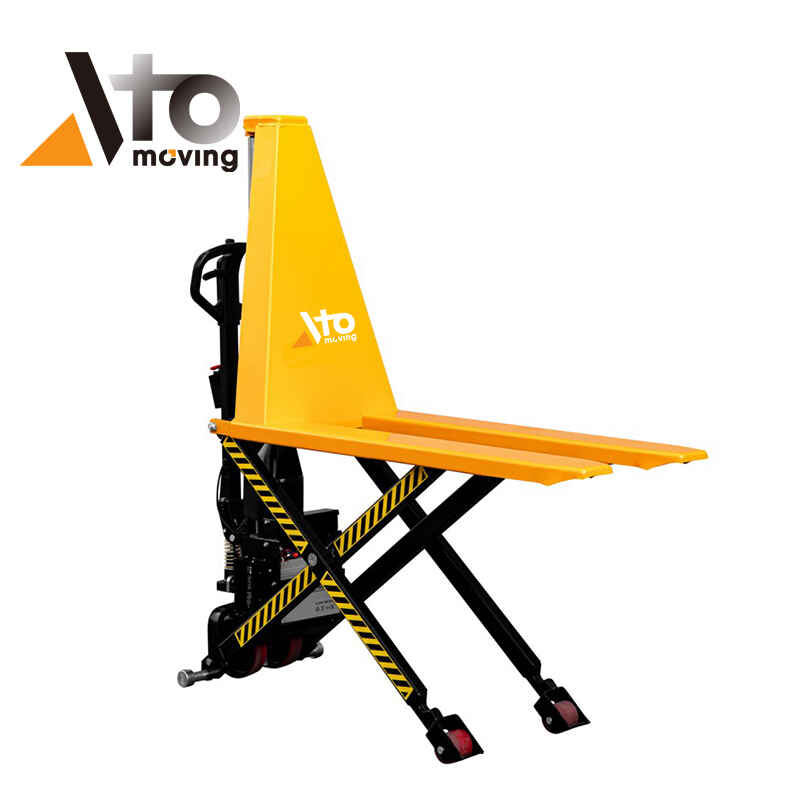 High lift pallet truck with single piston mechanism, featuring yellow forks and a black scissor lift frame for ergonomic material handling
