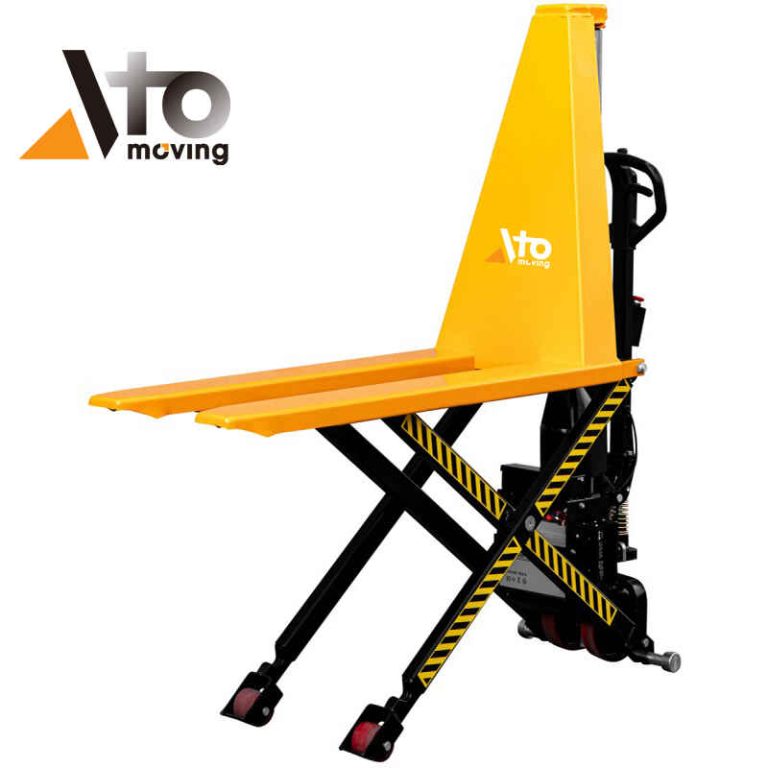 Manual high lift pallet jack with single-piston hydraulic system, durable steel construction, and safety-striped scissor legs for warehouse use