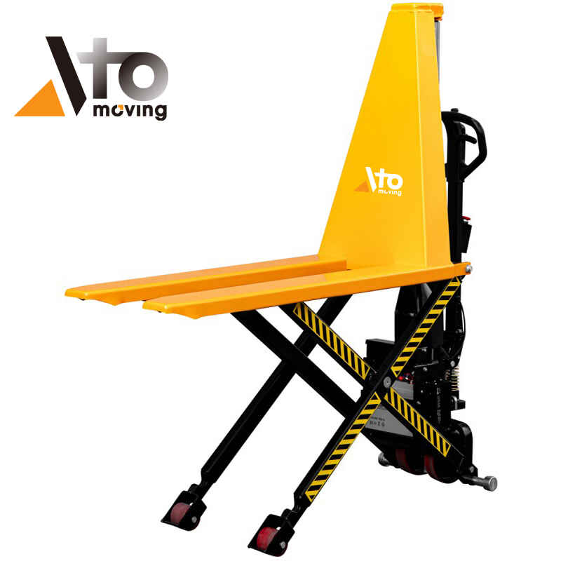 Manual high lift pallet jack with single-piston hydraulic system, durable steel construction, and safety-striped scissor legs for warehouse use