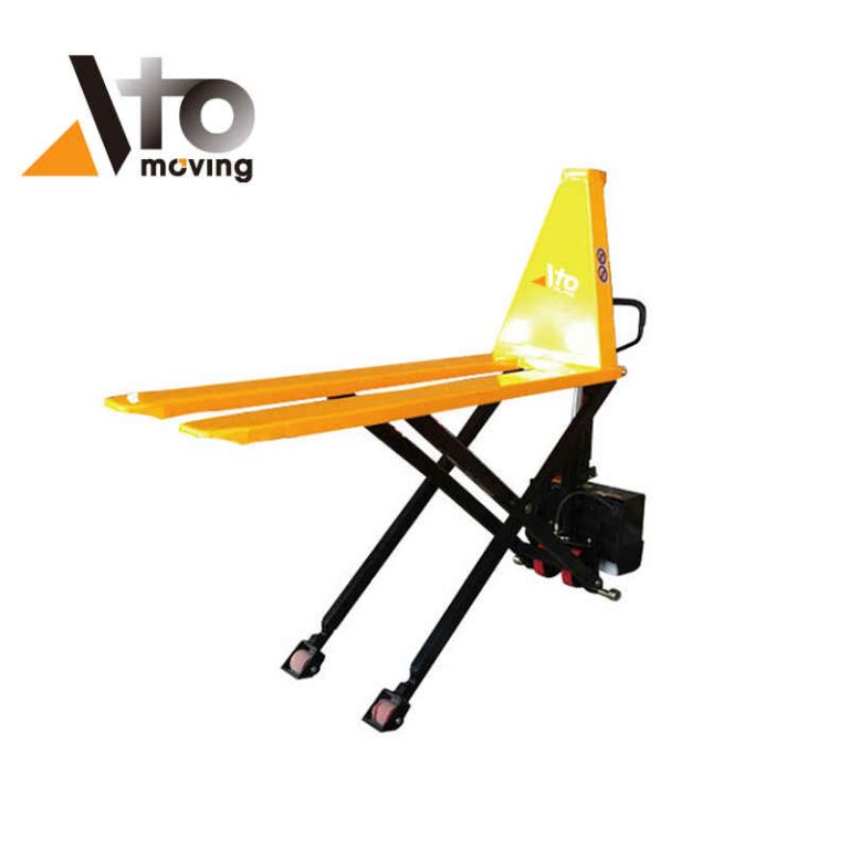 Semi-electric high lift pallet truck with yellow forks and black scissor lift mechanism, featuring an electric motor for effortless lifting operations