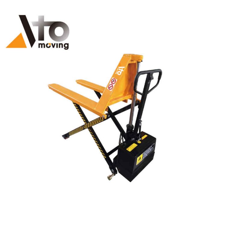 Heavy-duty semi-electric scissor lift pallet truck equipped with electric lifting system and manual push function, designed for warehouse material handling