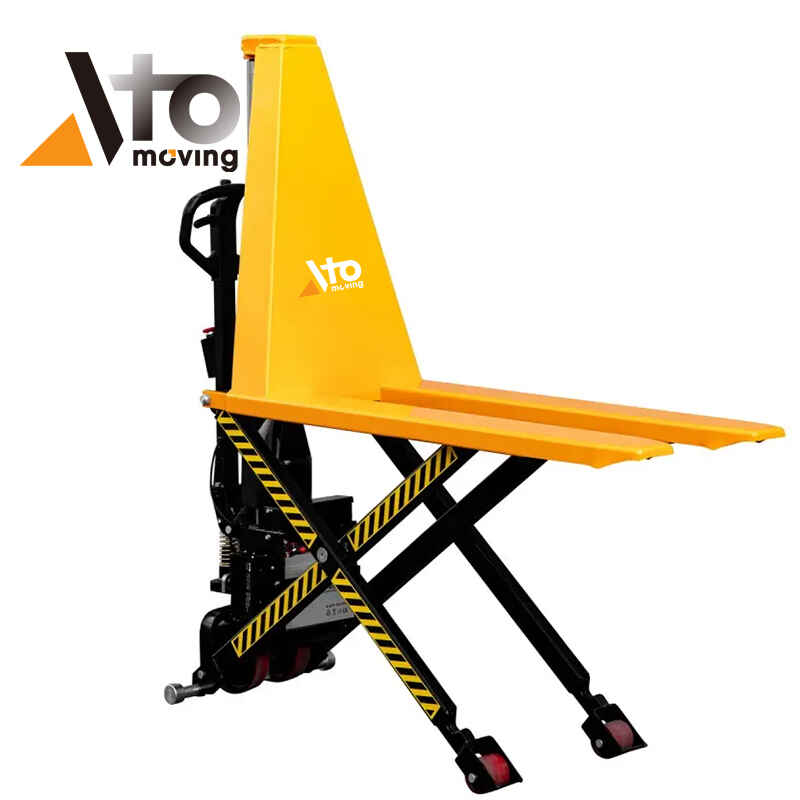 Durable electric high lift pallet truck designed for smooth, powered elevation of pallets, combining efficiency, safety, and ergonomic handling