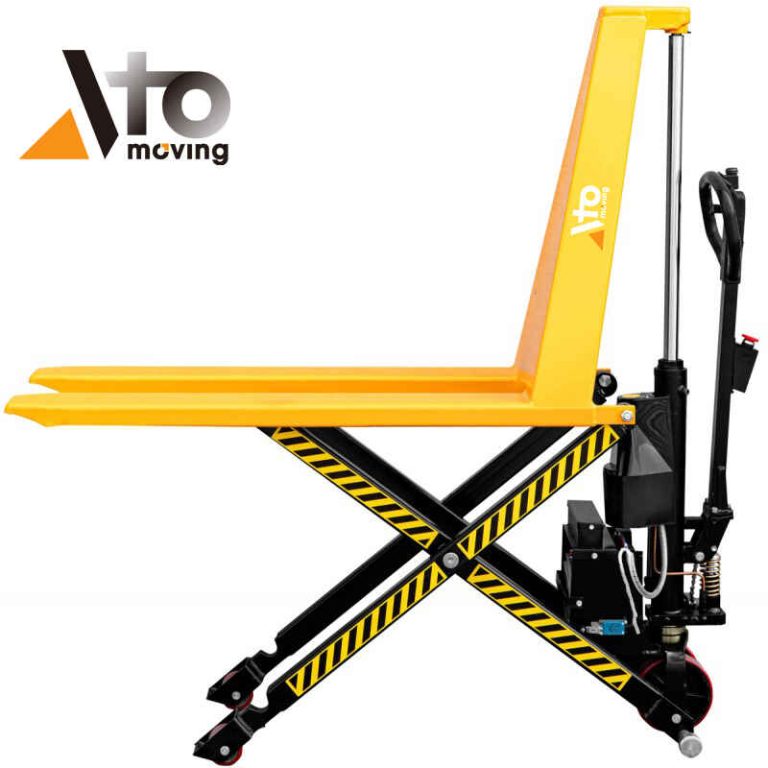 Electric scissor lift pallet jack with motorized lifting system, safety-striped legs, and ergonomic handle, ideal for warehouse and logistics operations