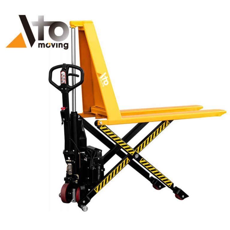 Electric high lift pallet truck with yellow forks and black scissor lift frame, featuring a powered lifting mechanism for efficient material handling.