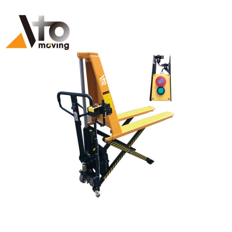 Infrared-sensor-enabled high lift pallet truck with powered lift system, ideal for smart material handling, reducing manual input and increasing efficiency