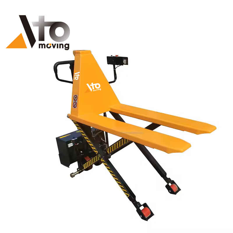 Electric high lift pallet truck featuring integrated infrared sensor for auto-stop functionality, safety-striped scissor legs, and ergonomic control handle