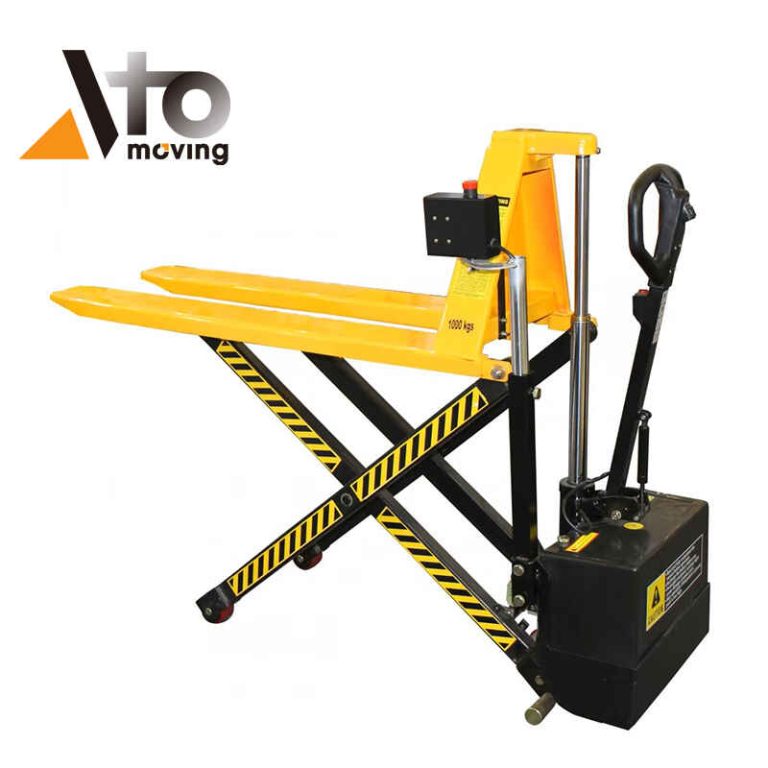 High lift pallet truck with yellow forks and black scissor mechanism, equipped with an infrared sensor and electric control system for automated lifting