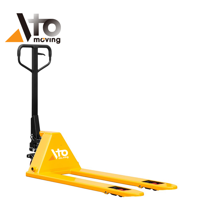 A low profile pallet truck designed for handling pallets with minimal clearance. The truck features a compact, sturdy frame with extra-low fork height to easily slide under low-clearance pallets or skids. It includes ergonomic handles and smooth-rolling wheels for efficient maneuvering in tight warehouse spaces.