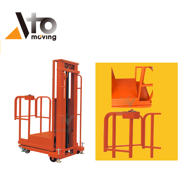 Electric order picker in warehouse aisle picking inventory