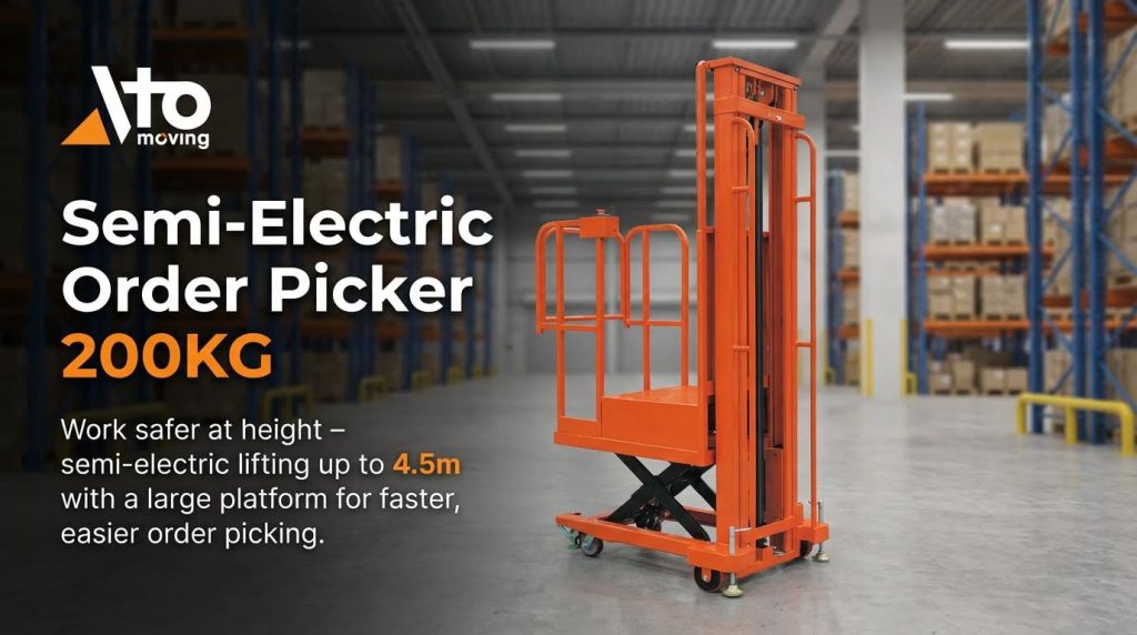 An orange semi-electric order picker with a 200kg capacity, designed for safe and efficient work at height. This manually-propelled machine features a large platform and an electric lift that extends up to 4.5 meters, making it ideal for faster order picking in warehouses.