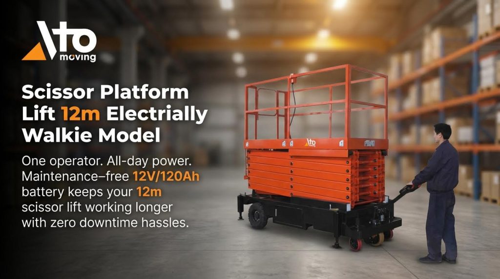 A 12-meter scissor platform lift, an electrically powered walkie model, is shown being moved by an operator. It features a maintenance-free 12V/120Ah battery for all-day power, designed to keep the scissor lift working longer with zero downtime hassles.