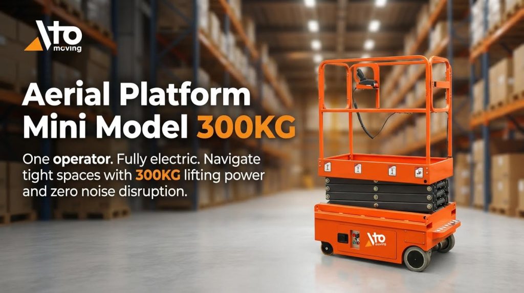 A mini model aerial platform with a 300kg lifting capacity is showcased in a warehouse setting. This fully electric, single-operator lift is engineered to navigate tight spaces quietly and efficiently, offering powerful lifting with zero noise disruption for indoor use.