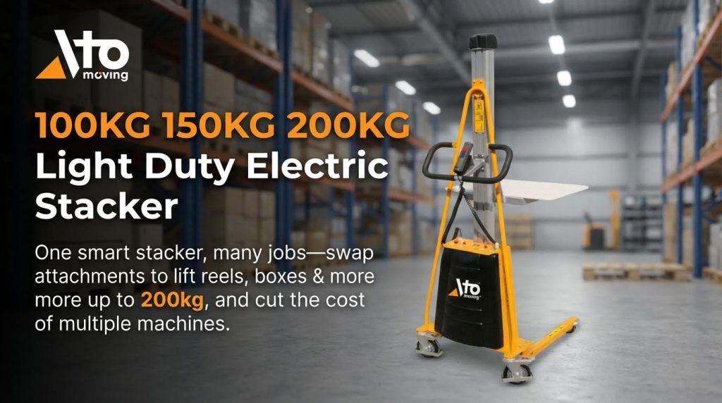 A versatile light-duty electric stacker, available in 100kg to 200kg capacities, is shown with a platform attachment. This smart stacker features swappable attachments to handle various items like reels and boxes, offering a cost-effective, multi-functional solution for diverse lifting needs.